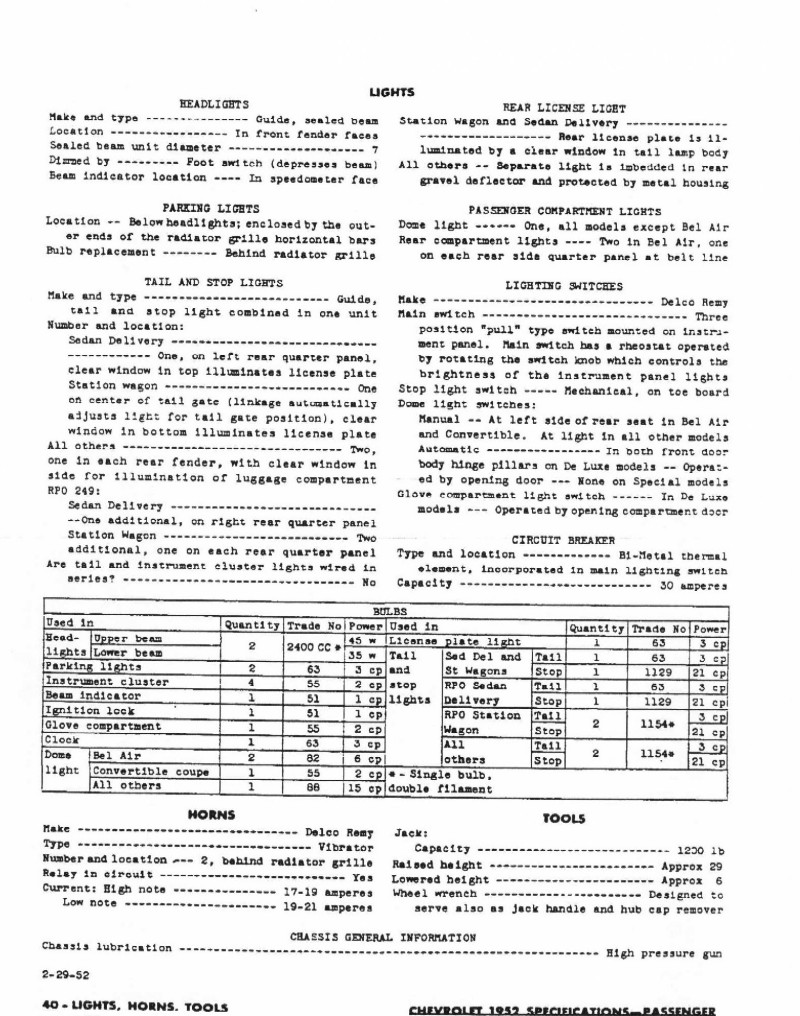 1952 Chevrolet Specifications Page 8